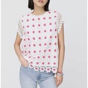 J Crew Top Womens Medium White Pink Floral Crochet Cap Sleeve Boho Cottagecore